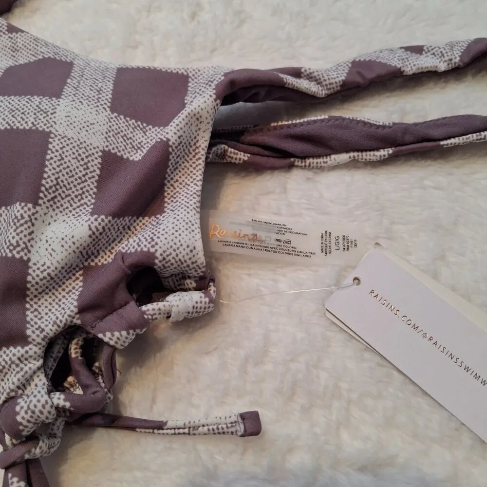 Raisins Bikini Top Bralette Swim Sz L Plaid Demi Cups Adjustable Preppy Boho NWT